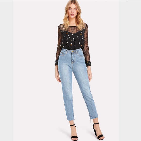 Raw Hem Blue High Waisted Jeans Light Wash - Picture 2 of 7